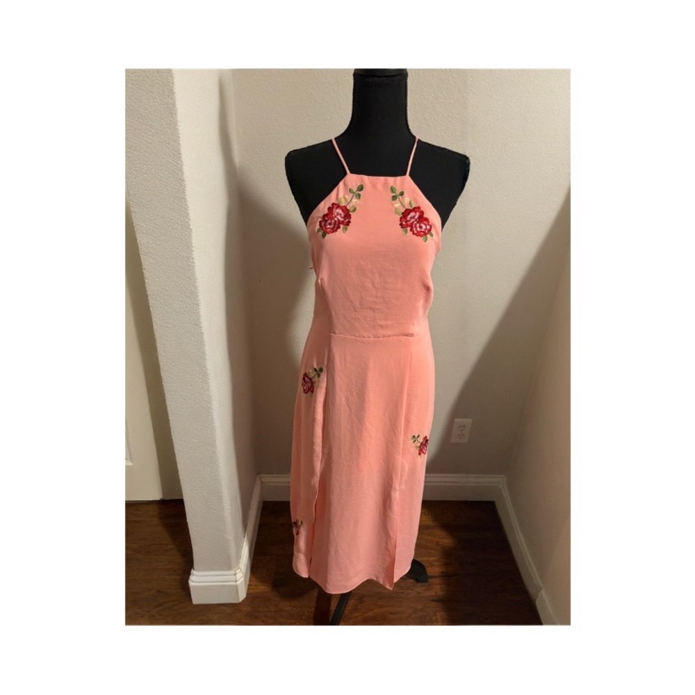 Topshop Pink Midi Dress with Floral Embroidery